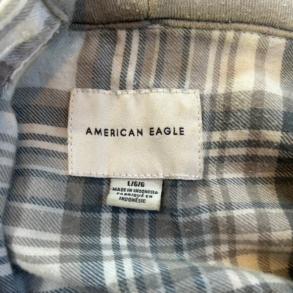 American Eagle Plaid Cropped Flannel Hoodie Jacket Gray Blue Grunge L - Picture 6 of 6
